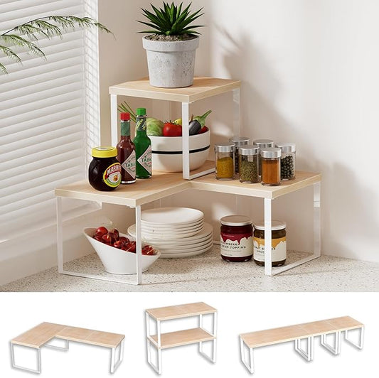 Golener Countertop Organizer Corner Shelf, 2 Tier Adjustable Stackable Corner Shelves for Kitchen, Bathroom, Spice Rack, Coffee Bar, Cabinet, Dresser Table, Corner Counter Shelf Stand, Natural Beige