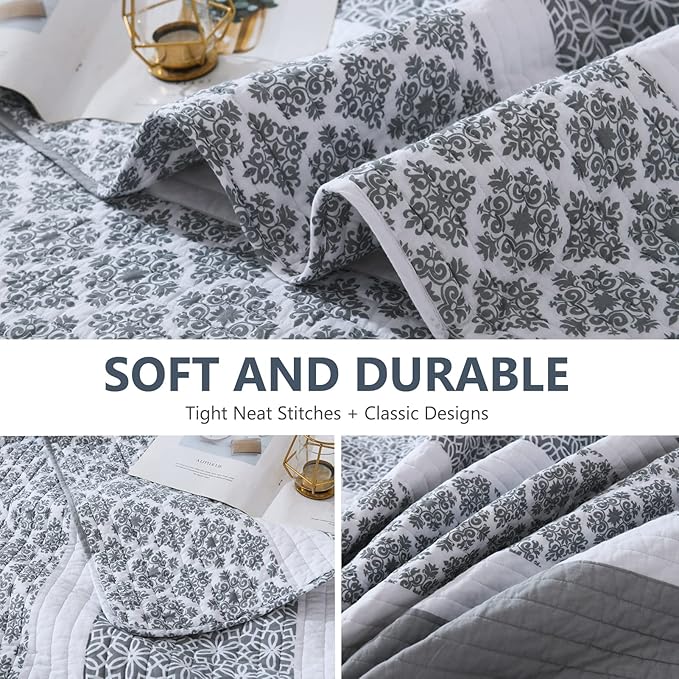 Quilts Queen Size - Queen Quilt Bedspread Sets, 100% Cotton Quilted Bedding Set for Queen Bed, 3 Pieces Floral Striped Reversible Lightweight Comforter, Bluish Grey