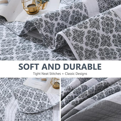 King Size Quilt Set - King Quilted Bedspread Sets, 100% Cotton Quilt, King Bed Spread Bedding Set, 3 Pieces Floral Striped Reversible Lightweight Comforter, Bluish Grey