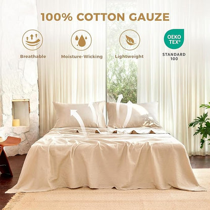 King Sheet Set Cotton Bed Sheets Gauze 4 Pcs Linen King Sheets Set 16" Deep Pocket Sheet & Pillowcase Sets Boho Muslin King Sheets Soft King Bedding Sets for All Season