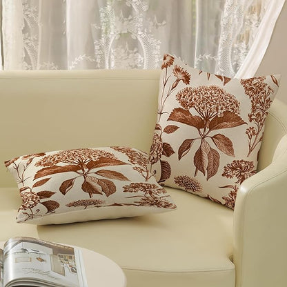 Orange Pillow Covers 18x18 Set of 2 Vintage Boho Floral Hydrangea Herbs Botanical Fall Throw Pillows Fall Outdoor Decoration Pillowcase Linen Farmhouse Cushion Case Decorative for Couch Sofa