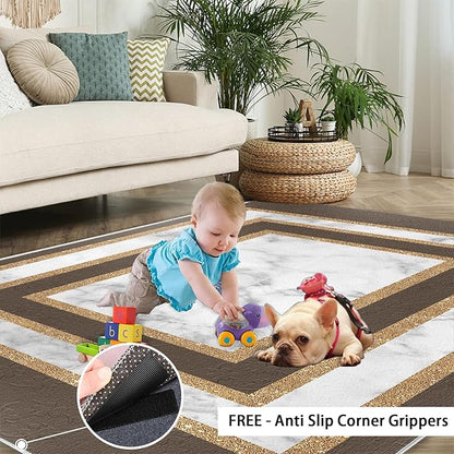 Marble Texture Area Rugs Rectangular Geometric Rug Gray White Marble Carpet Luxury Rug with Gold Accents Modern Minimalist Geometric Rugs for Bedroom Living Room 3x4ft