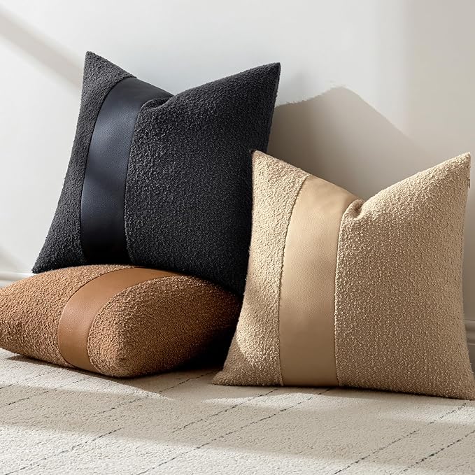 MIULEE Boucle Throw Pillow Covers 20x20 Inch Set of 2 Black Faux Leather Textured Decorative Pillow Cases Boho Farmhouse Accents Cushion Covers for Couch Bed Livingroom Home Decor