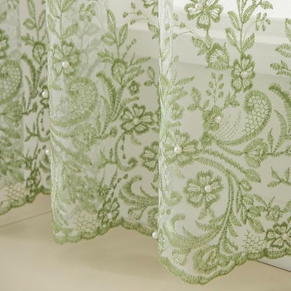 VISIONTEX White Sheer Voile Curtains, Decorative Green Embossed Butterflies Rod Pocket Window Drapes for Home Kitchen, Living Room and Bedroom 54 x 63 Inch, Set of 2 Curtain Panels