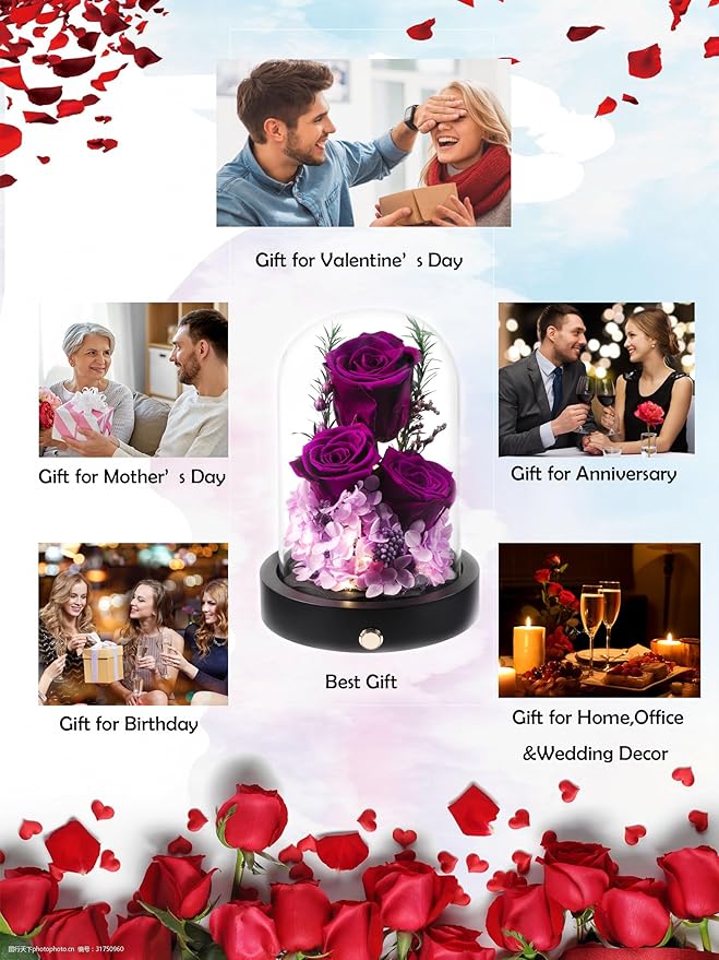 Flowers Gifts for Women, Preserved Roses in Glass Dome, Forever Flowers for Delivery Mothers Day Birthday Gifts for Mom Wife Girlfriend on Valentines Day Anniversary Christmas Purple