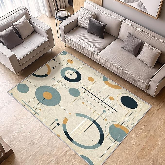 Mid Century Modern Rugs 8x10 - Mid Century Carpet, 3x4 Rug, Abstract Rug & Home Decor, Geometric Circle Area Rug & Room Decor, Washable Non Slip Anti Skid Rugs