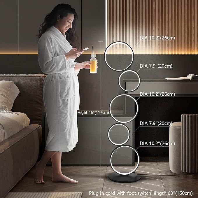 LED Modern Floor Lamp for Bedroom, 3 Way Bright Dimmable Corner Floor lamp with 5-Ring 2-in-1 Standing Tall End Table Lamp for Living Room & Office Reading Light, 3260LM, 6000K, Black.