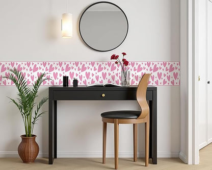 FLFK Pink Heart Wallpaper Border - Peel and Stick Wall Paper, Self Adhesive Removable PVC Borders Sticker, Modern Waterproof Trim for Home Decor, 10" x 240"
