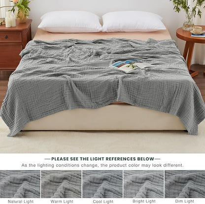 Love's cabin 6 Layer 100% Cotton Muslin Blanket, 90"x90" Muslin Blanket Queen for Couch Bed, Lightweight and Breathable Cotton Gauze for Adult, Medium Grey