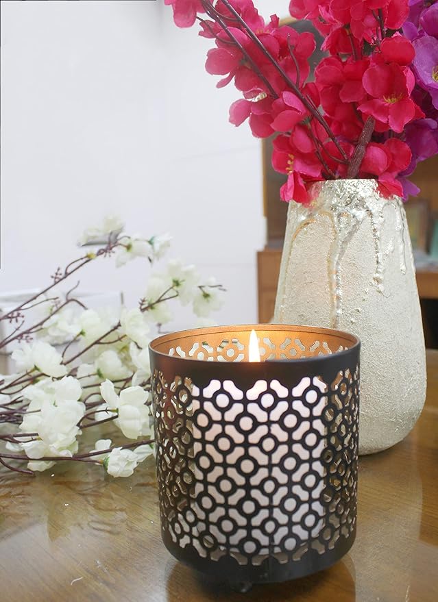 Hosley 4.5" Black Metal Candle Holder Sleeve Gold Interior for Tealights & Votive Candles Decorative Lantern for Home Décor, Weddings, Meditation, & Events