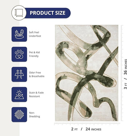 Abani Beige Cream Green Graffiti Washable Area Rug – 2' x 3' – Abstract Artistic Design – Ivy Collection – Non-Shedding, Easy to Clean – Durable for High Traffic Areas – Living Room & Bedroom