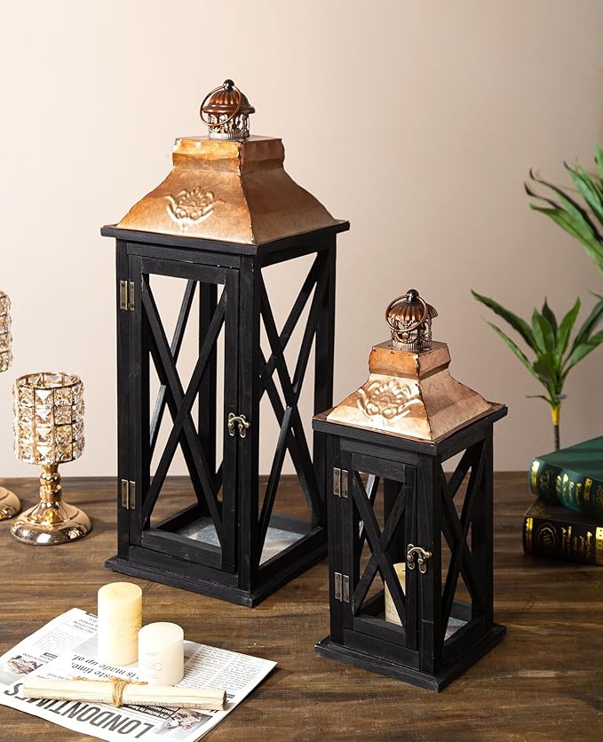 Large Farmhouse Wooden Lanterns with Metal Top, Decorative Floor Lanterns Set of 2, Black Frame with Rustic Gold Accents, Indoor/Outdoor Hurricane Lanterns for Home Decor (No Glass)
