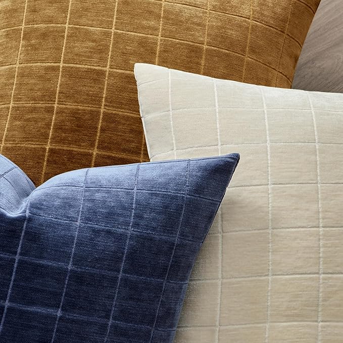 MIULEE Decorative Chenille Check Throw Pillow Covers Vintage Plaid Couch Pillows 18x18 Inch Set of 2 Neutral Boho Farmhouse Cushion Covers Modern Home Decor for Sofa Bed Living Room Brown Sugar