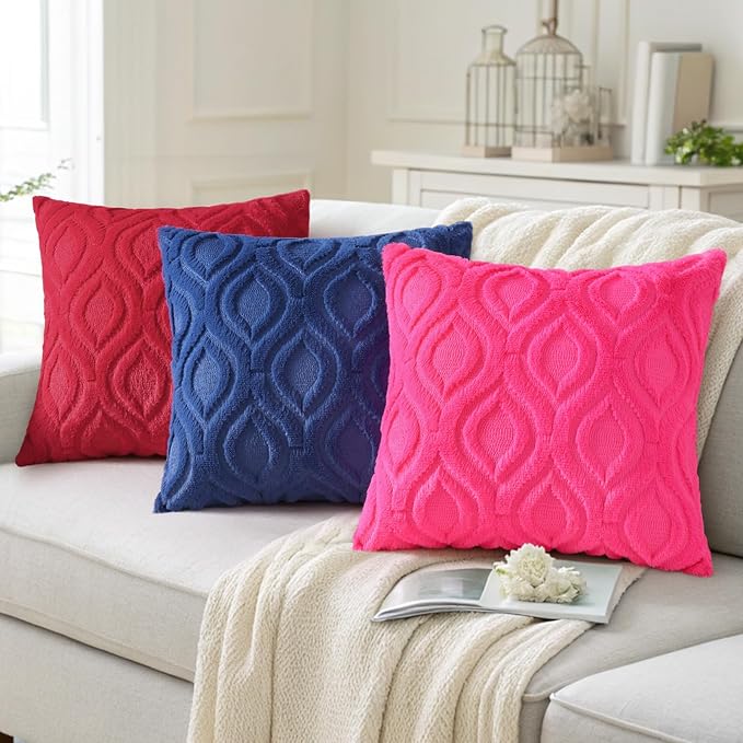 decorUhome Spring Throw Pillow Covers 20x20 Inch Set of 2, Soft Plush Faux Wool Dark Blue Solid Couch Pillow Covers, Accent Farmhouse Neutral Square Pillow Cases for Sofa Bed Living Room
