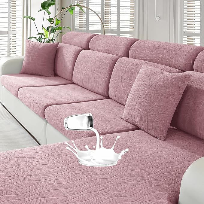 MAXIJIN Waterproof Couch Cushion Covers Stretch Sofa Seat Slipcovers Washable，Sectional Outdoor Cushion Covers with Elastic Bottom for Dogs Pets Kids (2 Pc Cushion Cover, Dusty Pink)