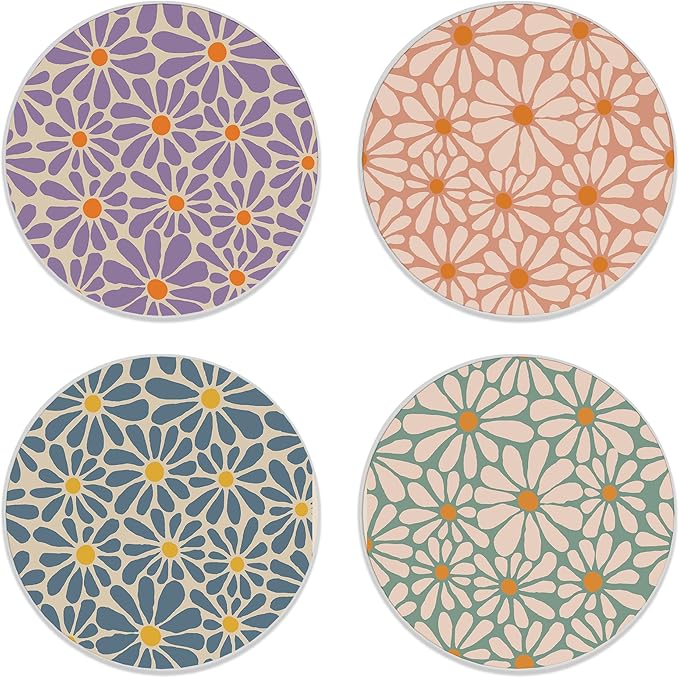 Drink Coasters Set of 4,Retro Groovy Flowers Abstract Daisy Flower Coasters for Drinks Ceramic Coasters with Cork Bottom for Kinds of Mugs and Cups,Home Decor,4''
