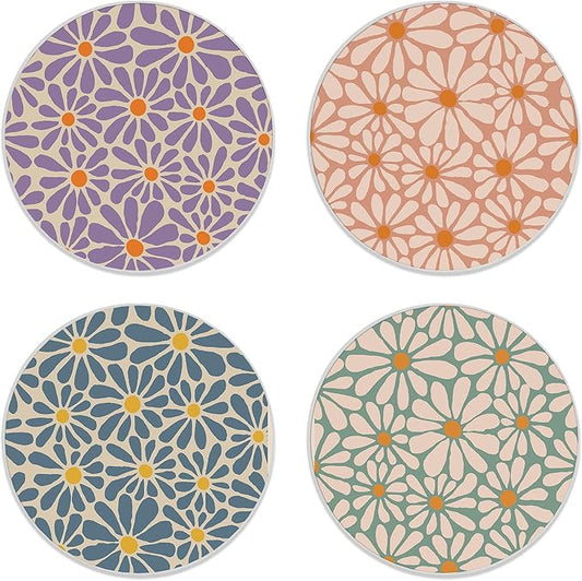 Drink Coasters Set of 4,Retro Groovy Flowers Abstract Daisy Flower Coasters for Drinks Ceramic Coasters with Cork Bottom for Kinds of Mugs and Cups,Home Decor,4''