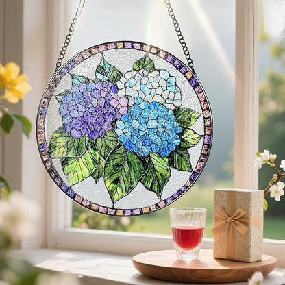 8-Inch Stained Glass Ornament, Stained Glass Window Hanging, Window Hanging Decor Suncatcher, Blue Hydrangea Ornament | Christmas, Mother's Day, Birthday | Gifts for Mom, Garden Gifts for Friends