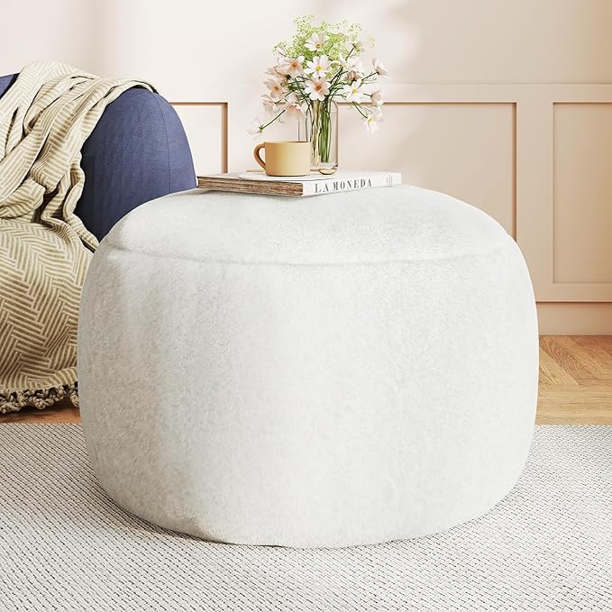 Round Pouf Ottoman Foot Rest, 29 X 18Inch Floor Poufs Footstool, A Round Modern Foam Filled Foot Stool for Living Room, Home, Nursery, Dorm, Outdoor (White, 29Inch)