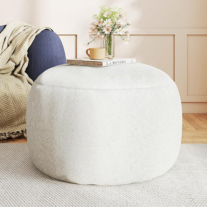 Round Pouf Ottoman Foot Rest, 29 X 18Inch Floor Poufs Footstool, A Round Modern Foam Filled Foot Stool for Living Room, Home, Nursery, Dorm, Outdoor (White, 29Inch)