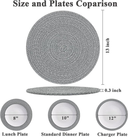 Round Placemats Set of 6, Cotton Rope Woven Table Mats, Hot Pads for Kitchen, Non Slip Heat Resistant Place Mats, 13 Inches Braided Placemat for Farmhouse Decor and Kitchen Table Decor (Gray)