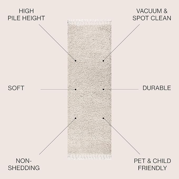 JONATHAN Y Mercer Shag Plush Tassel Cream Runner Rug, 2x8, Contemporary, Modern, Easy-Cleaning for Living Room, Bedroom, Kitchen, Pet Friendly, Non-Shedding (MCR100D-28)