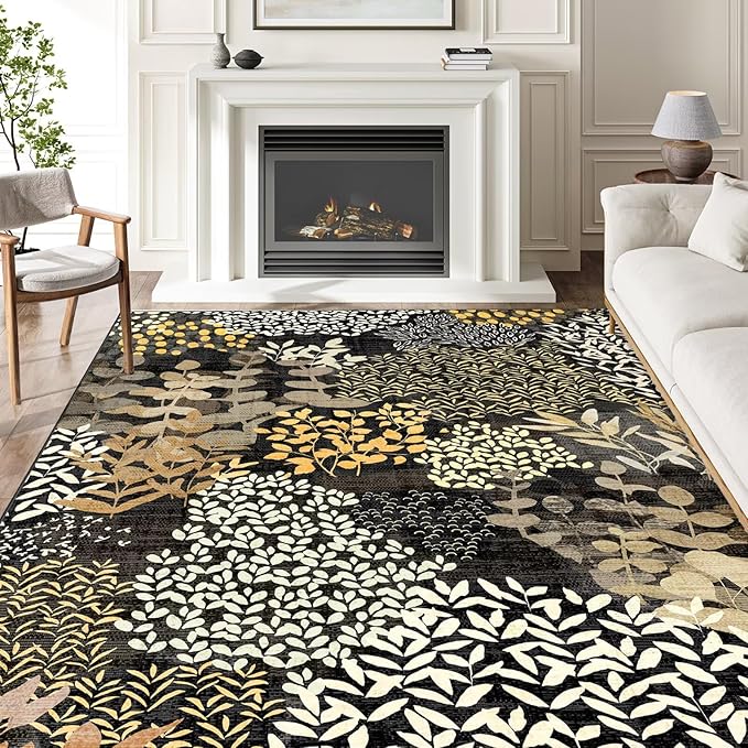 DEXDE 5x7 Area Rugs, Washable Non-Slip Abstract Boho Soft Rug for Living Room Bedroom,Leaves Floral Print Large Carpet for Entryway Playroom Office, Black