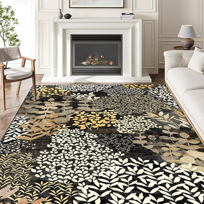 DEXDE 5x7 Area Rugs, Washable Non-Slip Abstract Boho Soft Rug for Living Room Bedroom,Leaves Floral Print Large Carpet for Entryway Playroom Office, Black