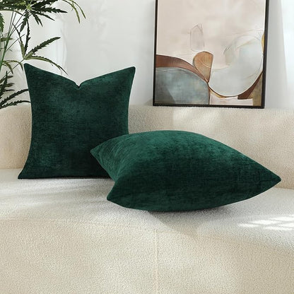 Hunter Green Chenille Decorative Couch Throw Pillow Covers, Soft Cushion Cases for Home Livingroom Sofa Décor, Pack of 2, 20 x 20 Inches