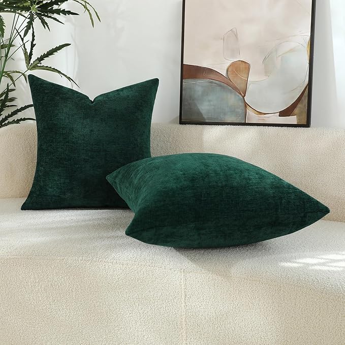 Hunter Green Chenille Decorative Couch Throw Pillow Covers, Soft Cushion Cases for Home Livingroom Sofa Décor, Pack of 2, 14 x 14 Inches