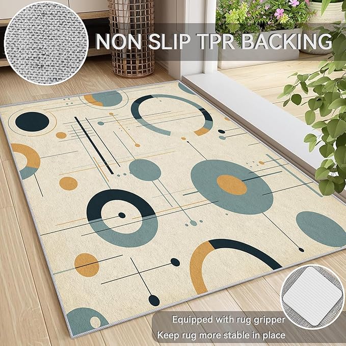 Mid Century Modern Rugs 8x10 - Mid Century Carpet, 3x4 Rug, Abstract Rug & Home Decor, Geometric Circle Area Rug & Room Decor, Washable Non Slip Anti Skid Rugs
