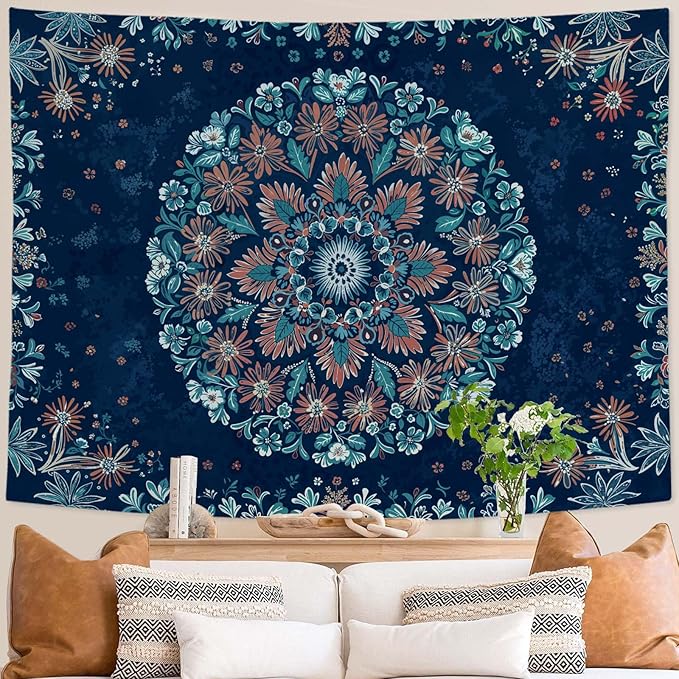 Fowocu Boho Floral Mandala Tapestry Wall Hanging Blue Bohemian Flower Medallion Tapestry Aesthetic Vintage Navy Hippie Indian Large Tapestries for Bedroom Living Room Dorm Decor 80 x 60 Inch
