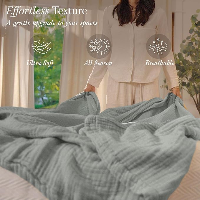 Threadmill Summer Muslin King Blanket | Lightweight Blanket for Bed or Couch | 4 Layer 100% Cotton Gauze | Soft, Breathable, and Cozy for All Seasons | Fits Cal King Size Bed | Scottish Grey