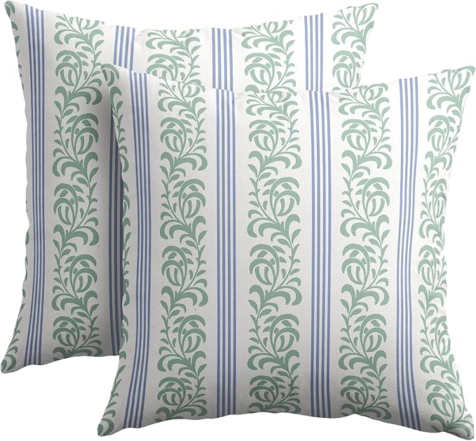 Blue Green Floral Pillow Covers 16x16 Set of 2 Spring Vitage Flower Striped Pattern Rustic Decorative Outdoor Farmhouse Zipper Boho Pillowcases Decorations Throw Cushion Cover Decor for Couch Sofa Bed