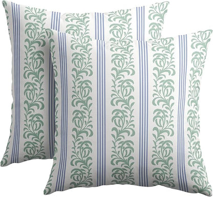 Blue Green Floral Pillow Covers 24x24 Set of 2 Spring Vitage Flower Striped Pattern Rustic Decorative Outdoor Farmhouse Zipper Boho Pillowcases Decorations Throw Cushion Cover Decor for Couch Sofa Bed