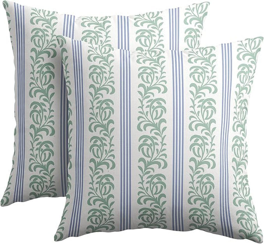 Blue Green Floral Pillow Covers 24x24 Set of 2 Spring Vitage Flower Striped Pattern Rustic Decorative Outdoor Farmhouse Zipper Boho Pillowcases Decorations Throw Cushion Cover Decor for Couch Sofa Bed
