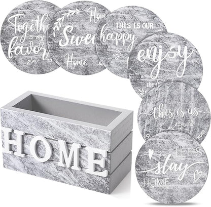 Queekay Coasters Set of 6 House Warming Gifts New Home Wooden Farmhouse Drink Coasters with Holder 4'' Funny Decoration for Kitchen Family Coffee Bar Tabletop Protection(Gray Marble)