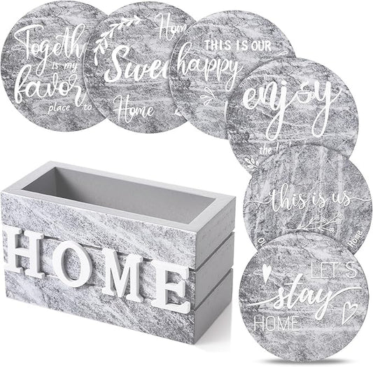 Queekay Coasters Set of 6 House Warming Gifts New Home Wooden Farmhouse Drink Coasters with Holder 4'' Funny Decoration for Kitchen Family Coffee Bar Tabletop Protection(Gray Marble)