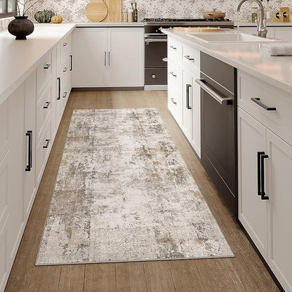2x5 Washable Runner Rug Brown Grey Abstract Hallway Kitchen Throw Rug Neutral Modern Non Slip Soft Low Pile Carpet for Bathroom Laundry Bedroom Living Room