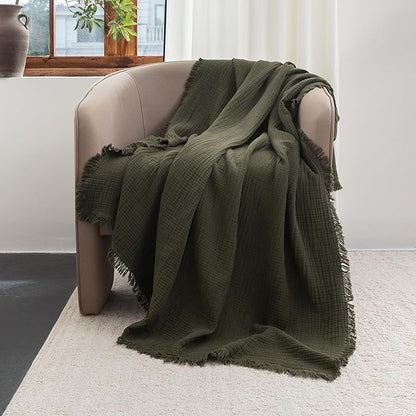 FOSSA Muslin Blanket with Fringe - 4-Layer 100% Cotton Gauze Super Soft & Breathable Throw -Lightweight Decorative Cooling Blanket for Bed, Sofa, Office -Twin XL Size 90" × 66" (Olive Green)