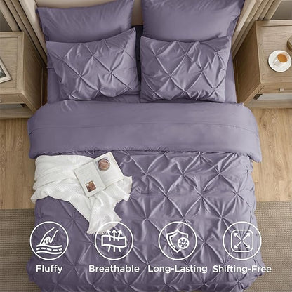 Bedsure California King Comforter Set - Bed in a Bag Cal King Bedding Set 7 PCS, GentleSoft™ Pintuck Bed Set Gift for Family, Pinch Pleat Purple Comforter with Sheets, Pillowcases & Shams