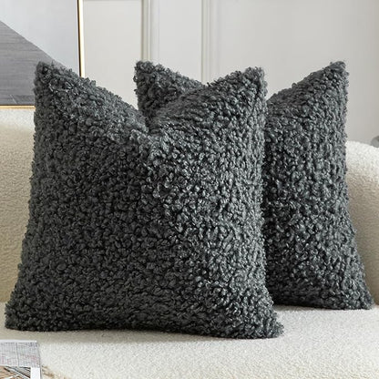 Yaertun Pack of 2 Faux Fur Throw Pillow Covers Decorative Sherpa Boucle Pillow Covers Fuzzy Soft Pillowcases Sheepskin Fleece Cushion Case for Couch Sofa Bed Living Room 22x22 Inch Grey