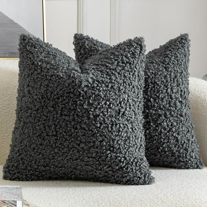 Yaertun Pack of 2 Faux Fur Throw Pillow Covers Decorative Sherpa Boucle Pillow Covers Fuzzy Soft Pillowcases Sheepskin Fleece Cushion Case for Couch Sofa Bed Living Room 20x20 Inch Grey