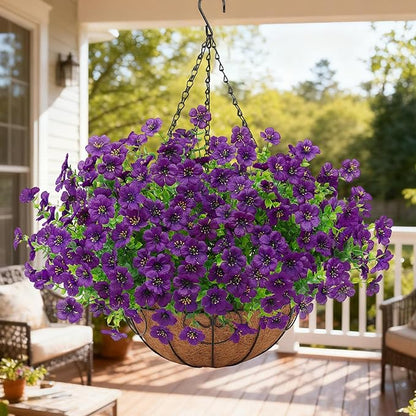 Artificial Fake Hanging Plants Flowers Basket Outdoors Outside Summer Decor, Hanging Planter with Faux Silk Daisy Flower Realistic UV Resistant for Porch Front Patio Balcony Garden Yard Spring（Purple）