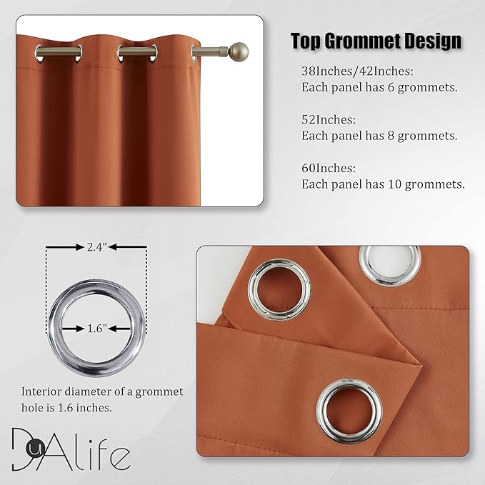 DUALIFE Rust Blackout Curtains Set of 2 Panels 63 Inch Length Solid Energy Efficient Room Darkening Curtains for Living Room Bedroom Thermal Insulated Grommet Top 52x63 Inches Long