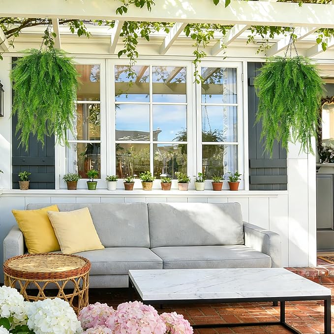 Fake Hanging Plant Outdoor Artificial Boston Fern Hanging Baskets 2 Set Fake Ferns Hanging Plants Artificial Decor 23.6" Artificial Ferns for Outdoors Front Porch Patio Garden Home Decor