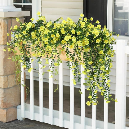 RECUTMS Artificial Hanging Flowers for Outdoors 4 Pcs Fake Mums Plant Decor Realistic Real Touch Silk Flower UV Resistant Trailing Vine Look Real for Yard Porch Patio Garden Balcony (Yellow)