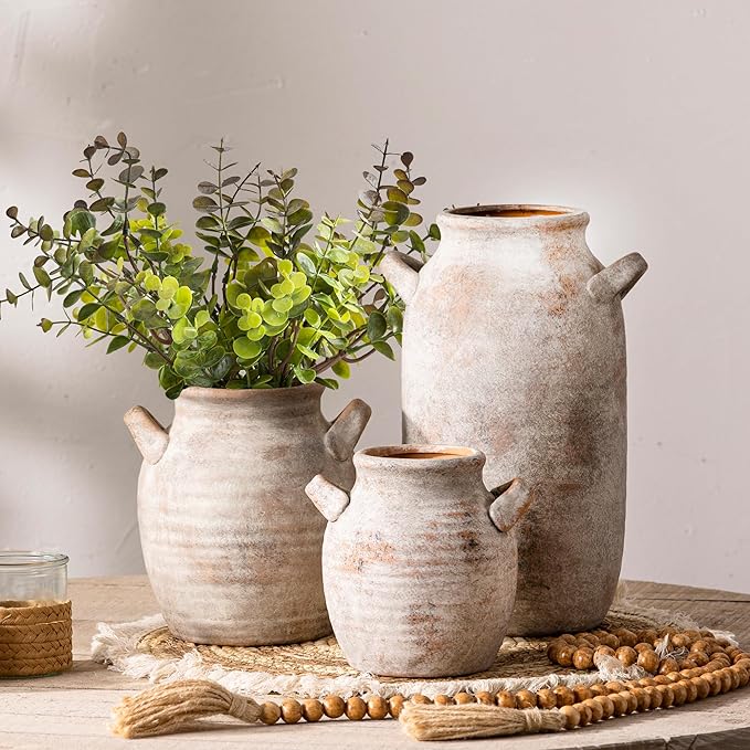 Ceramic Flower Vase Home Decor - Farmhouse Table Vases with Handle Living Room Decoration Vintage Decorative Aesthetic for Shelf Coffee Dining Desk House Bookshelf Fireplace (7.1" Retro)