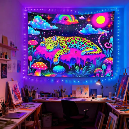 seewan Black Light Sleeping Leopard Tapestry, Glow-in-the-Dark UV Neon Rainbow Clouds and Stars Wall Hanging, Psychedelic Animal Art Tapestry, Bedroom Dorm Living Room Background Decor
