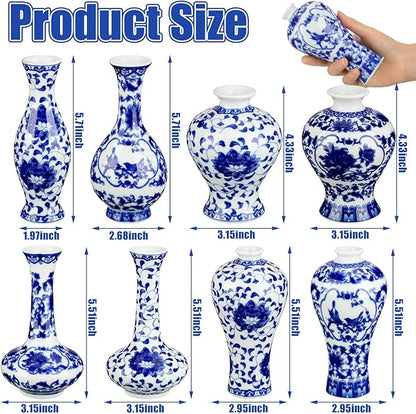 Dandat 8 Pcs Mini Chinoiserie Bud Vases Ceramic Blue and White Floral Chinese Porcelain Vase Set for Shelf Table Centerpieces Home Decor(Rustic)